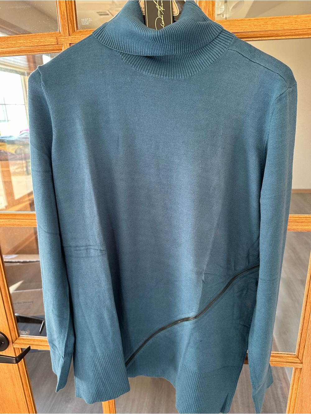 DG2 by Diane Gilman Teal Turtleneck Sweater with Diagonal Zip Detail